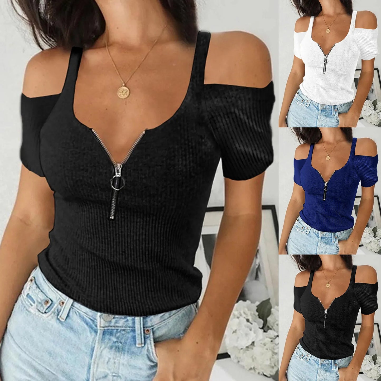 V-Neck Blouse with Zipper