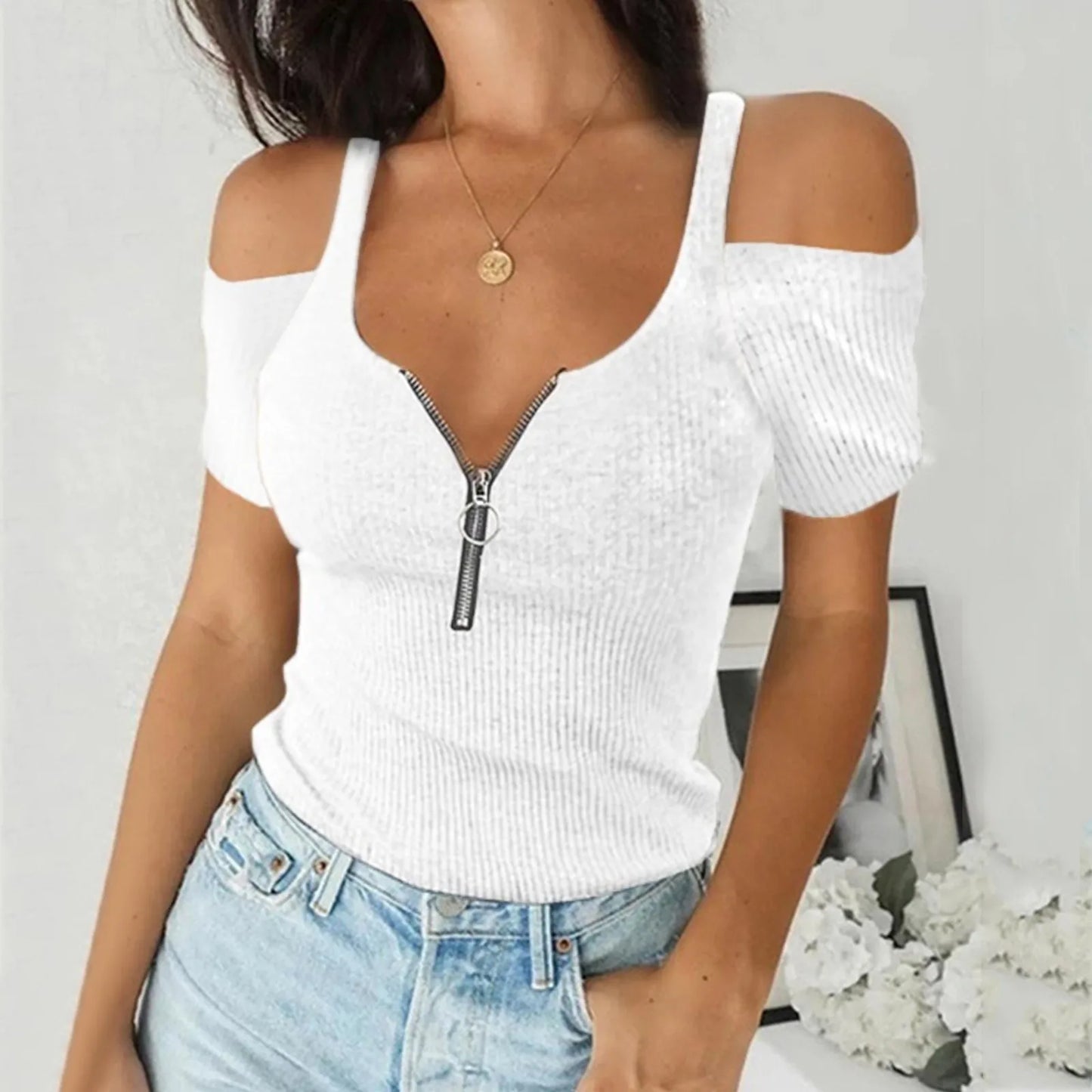 V-Neck Blouse with Zipper