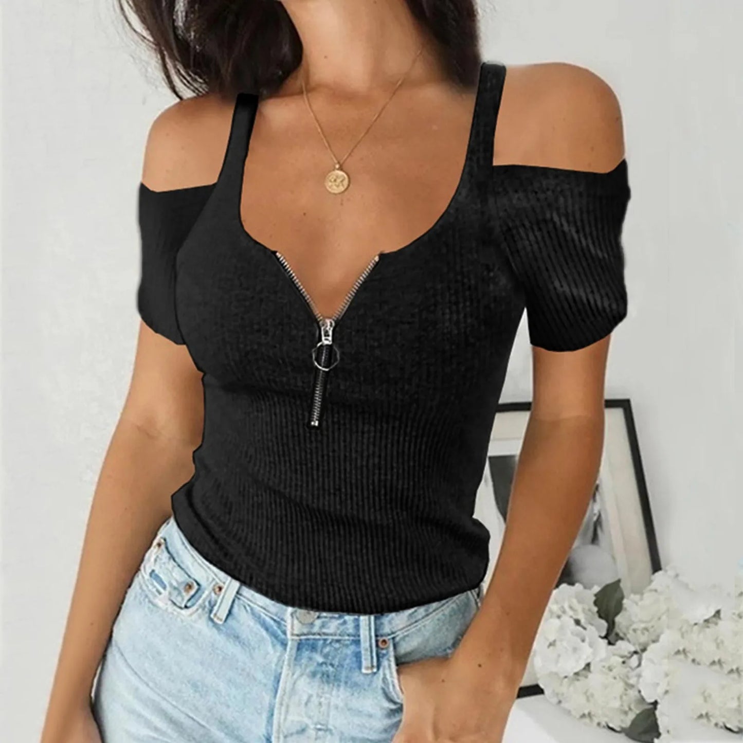V-Neck Blouse with Zipper