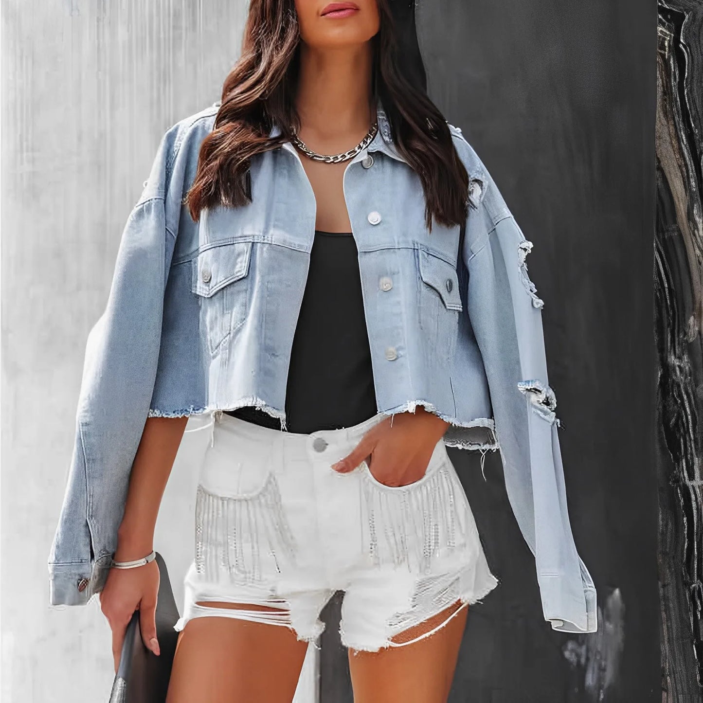 Rhinestone Fringe Denim Shorts