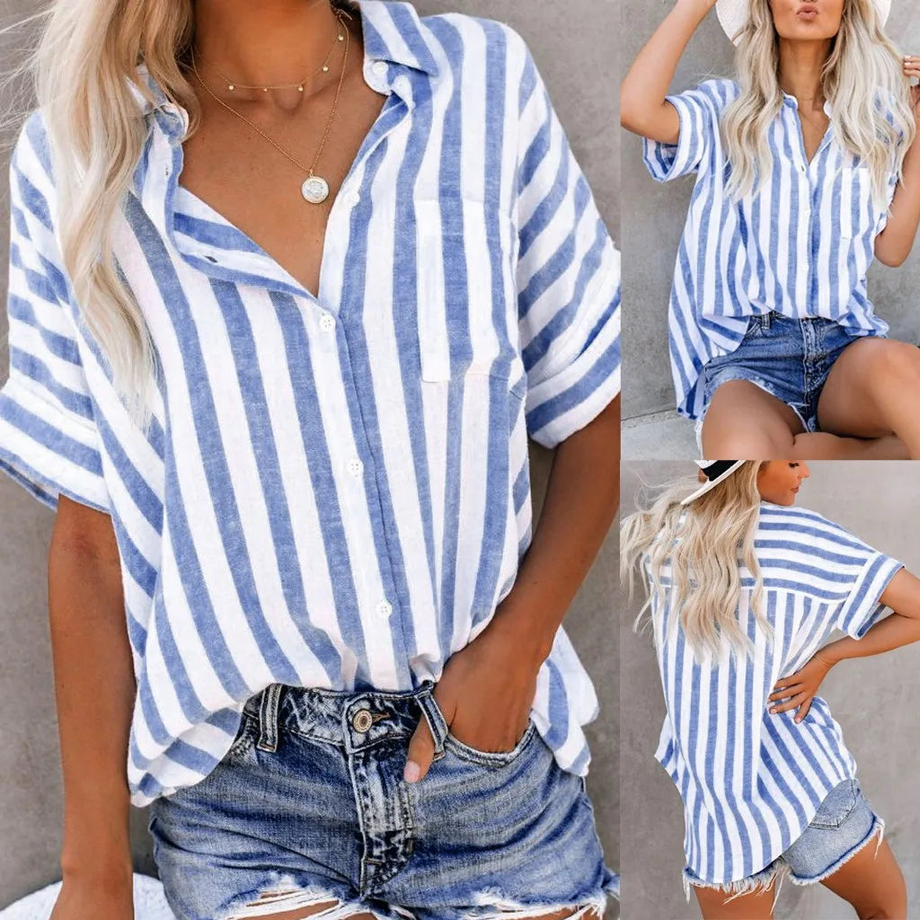 Striped Print Cotton Linen Top
