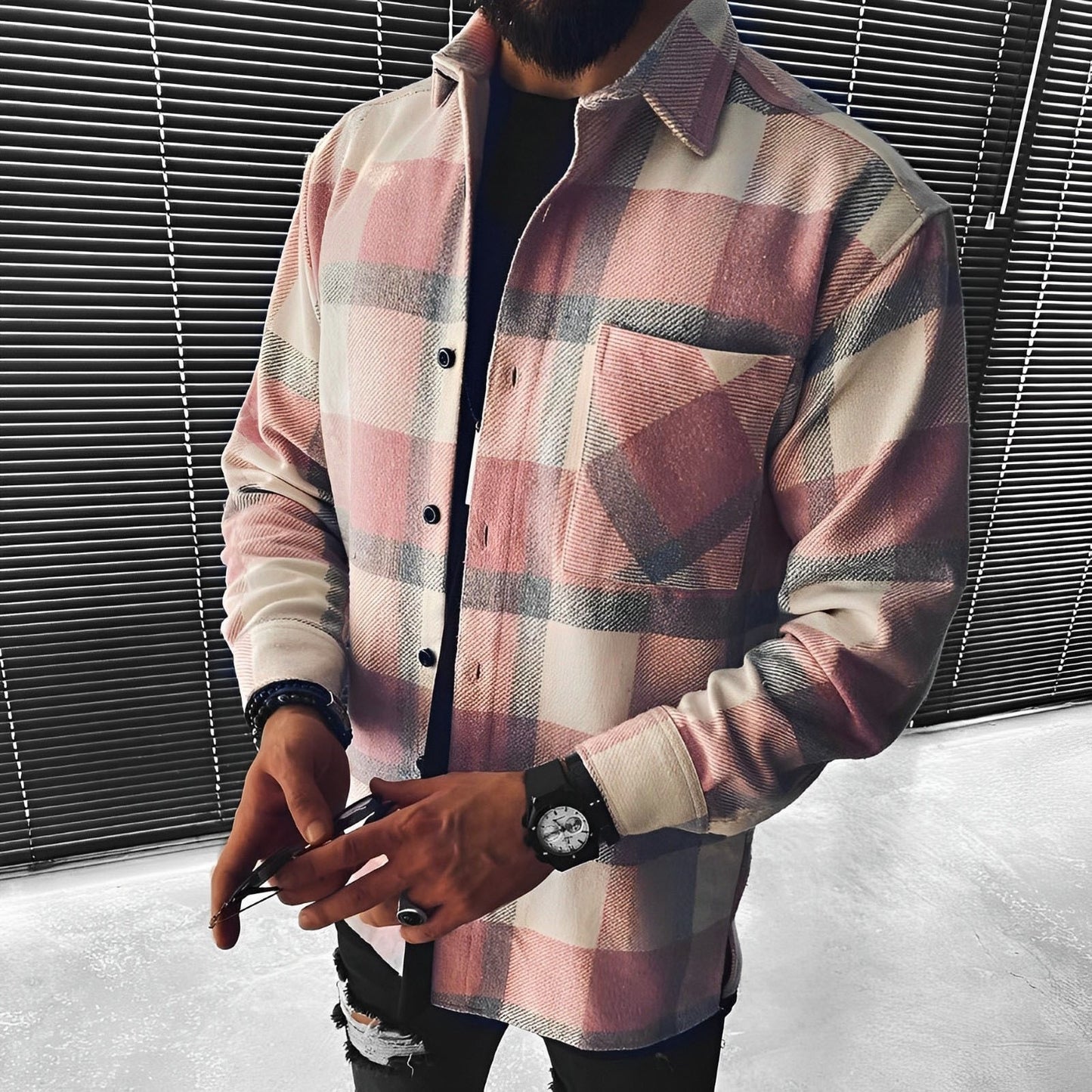 Turn-down Collar Long Sleeve Plaid Buttons Jacket