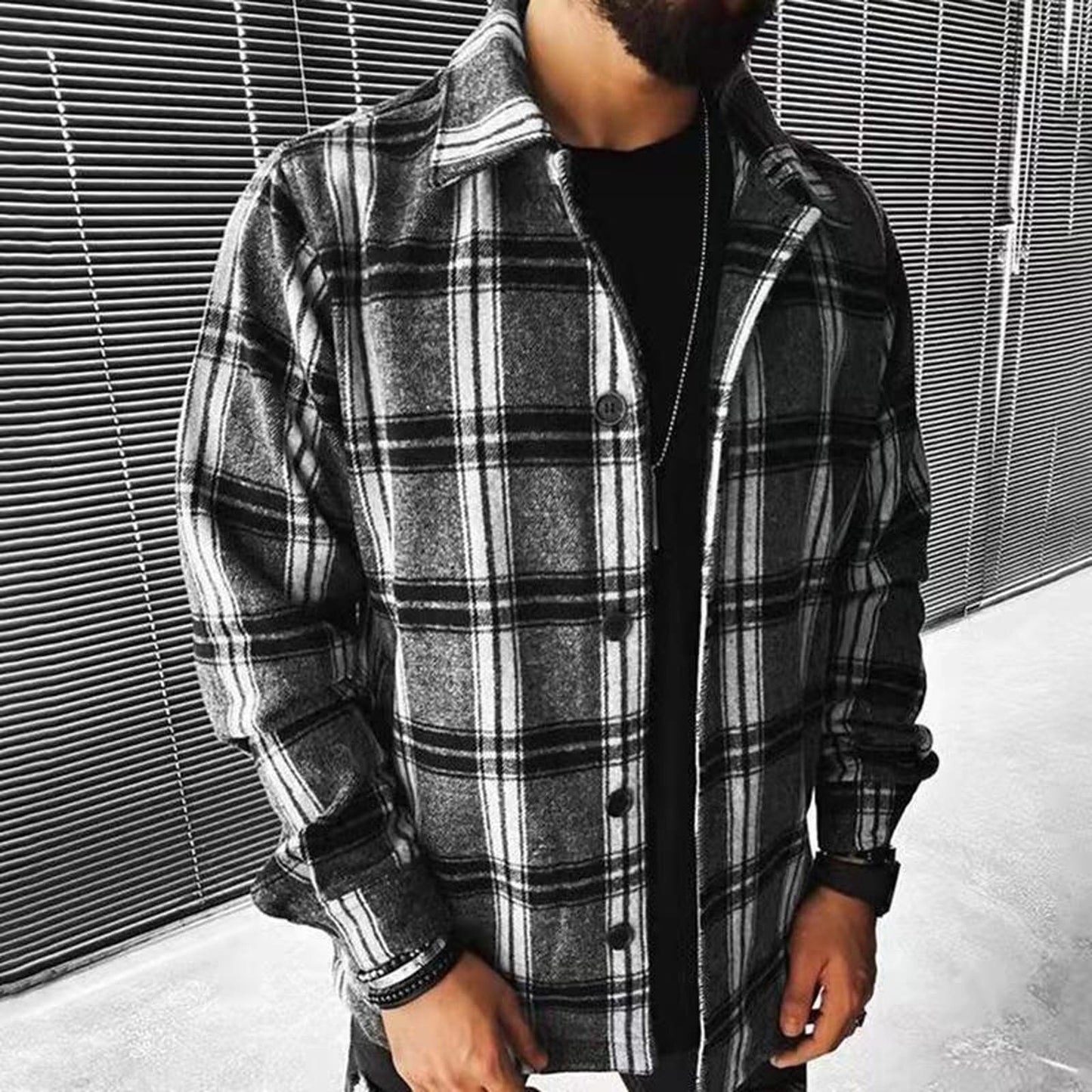 Turn-down Collar Long Sleeve Plaid Buttons Jacket