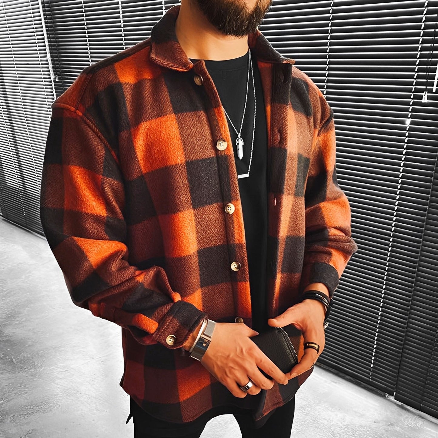Turn-down Collar Long Sleeve Plaid Buttons Jacket