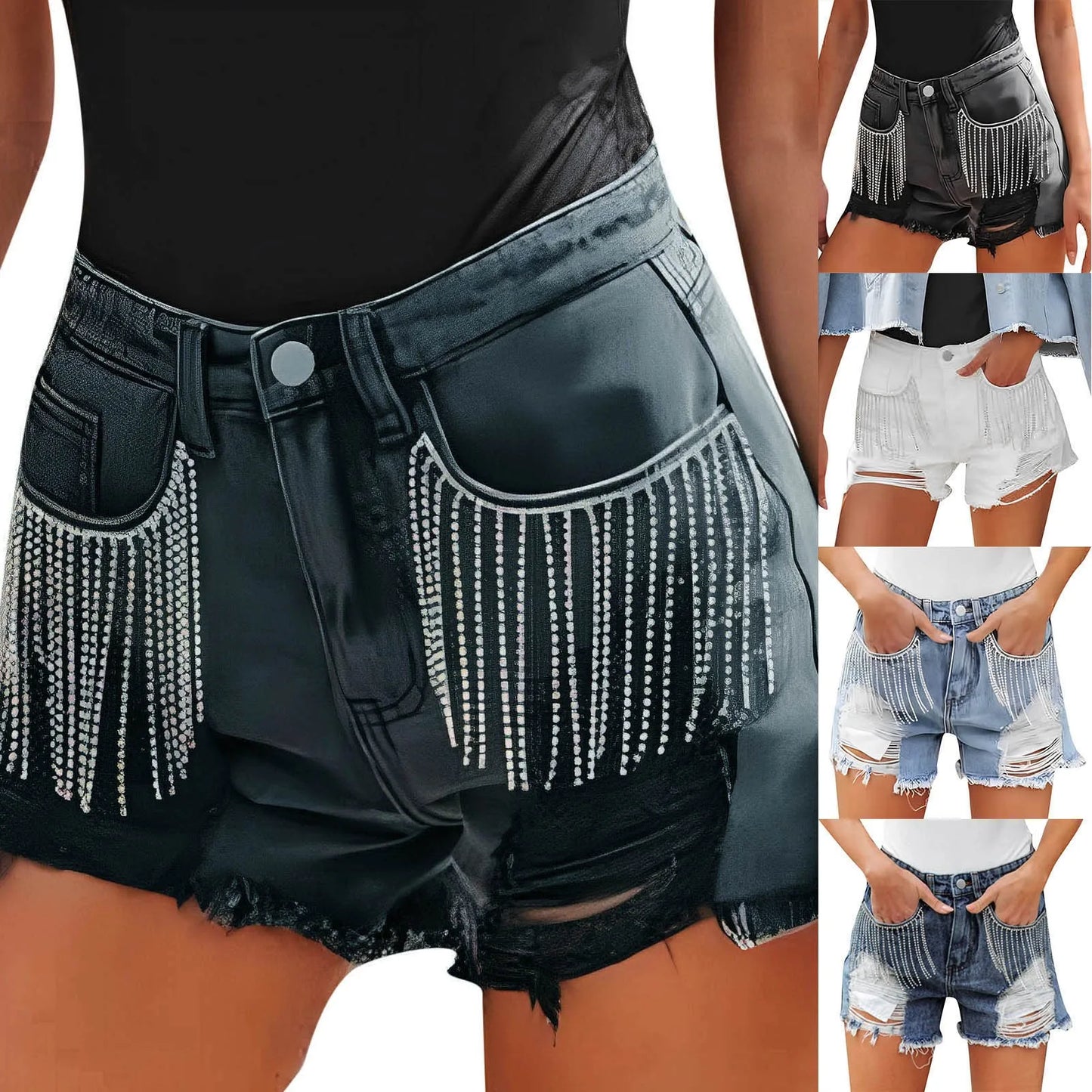 Rhinestone Fringe Denim Shorts