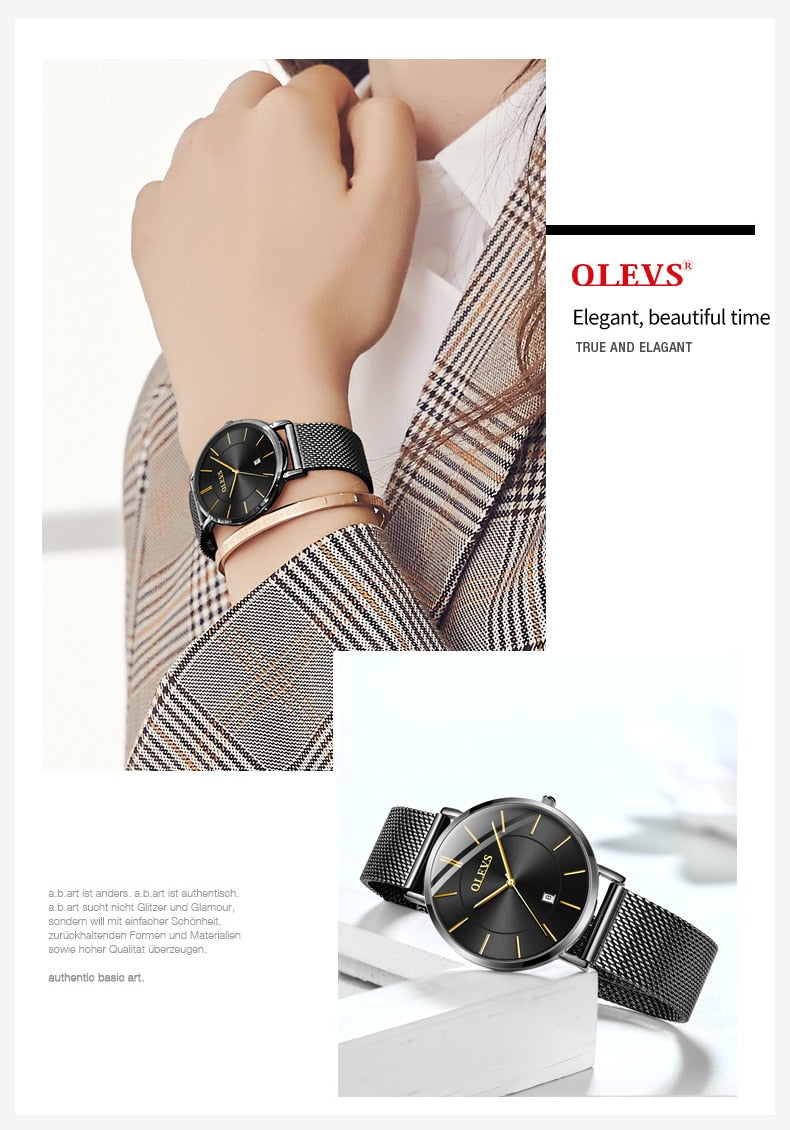 Women's Ultrathin Quartz Wristwatch with Stainless Steel Mesh Belt - suniah