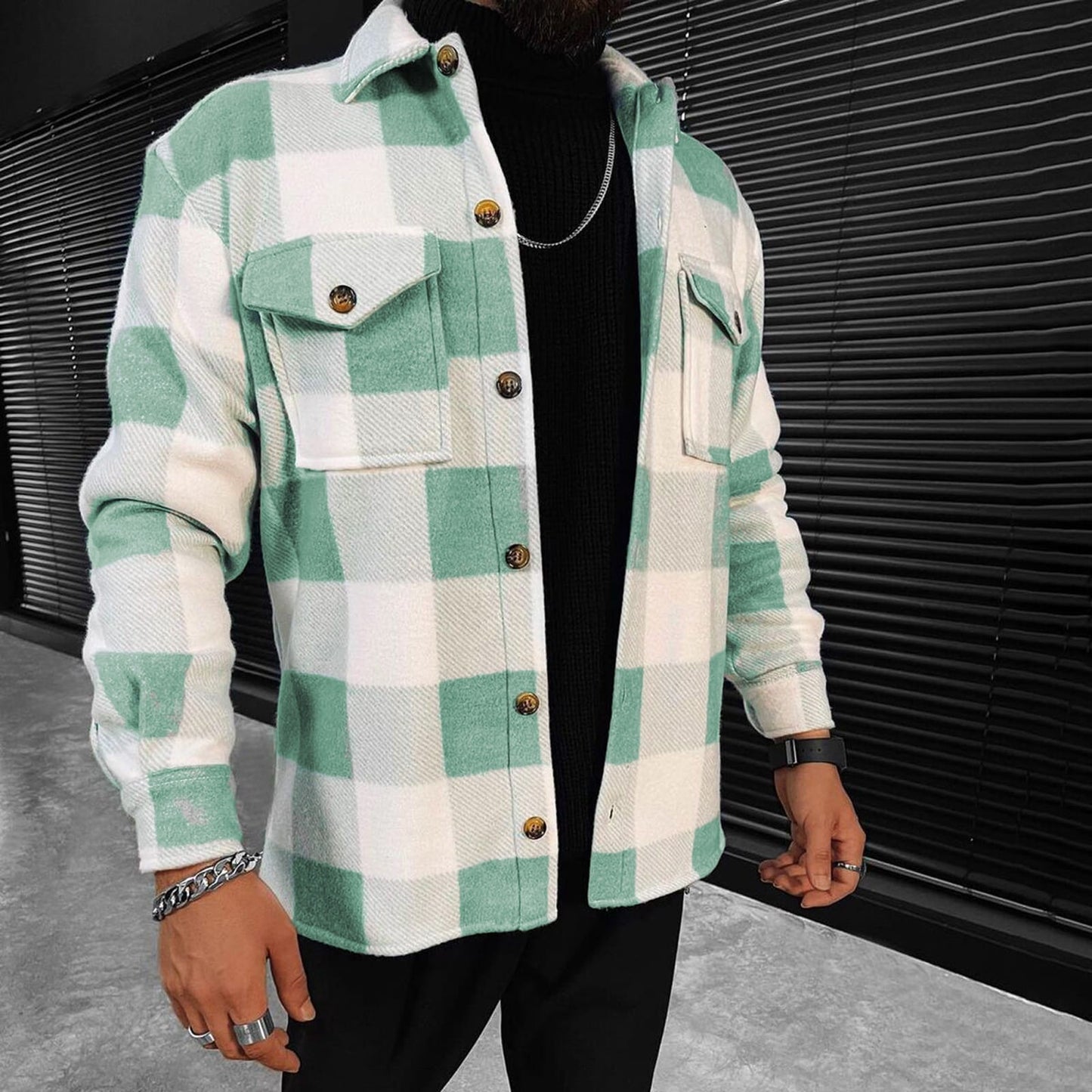 Turn-down Collar Long Sleeve Plaid Buttons Jacket