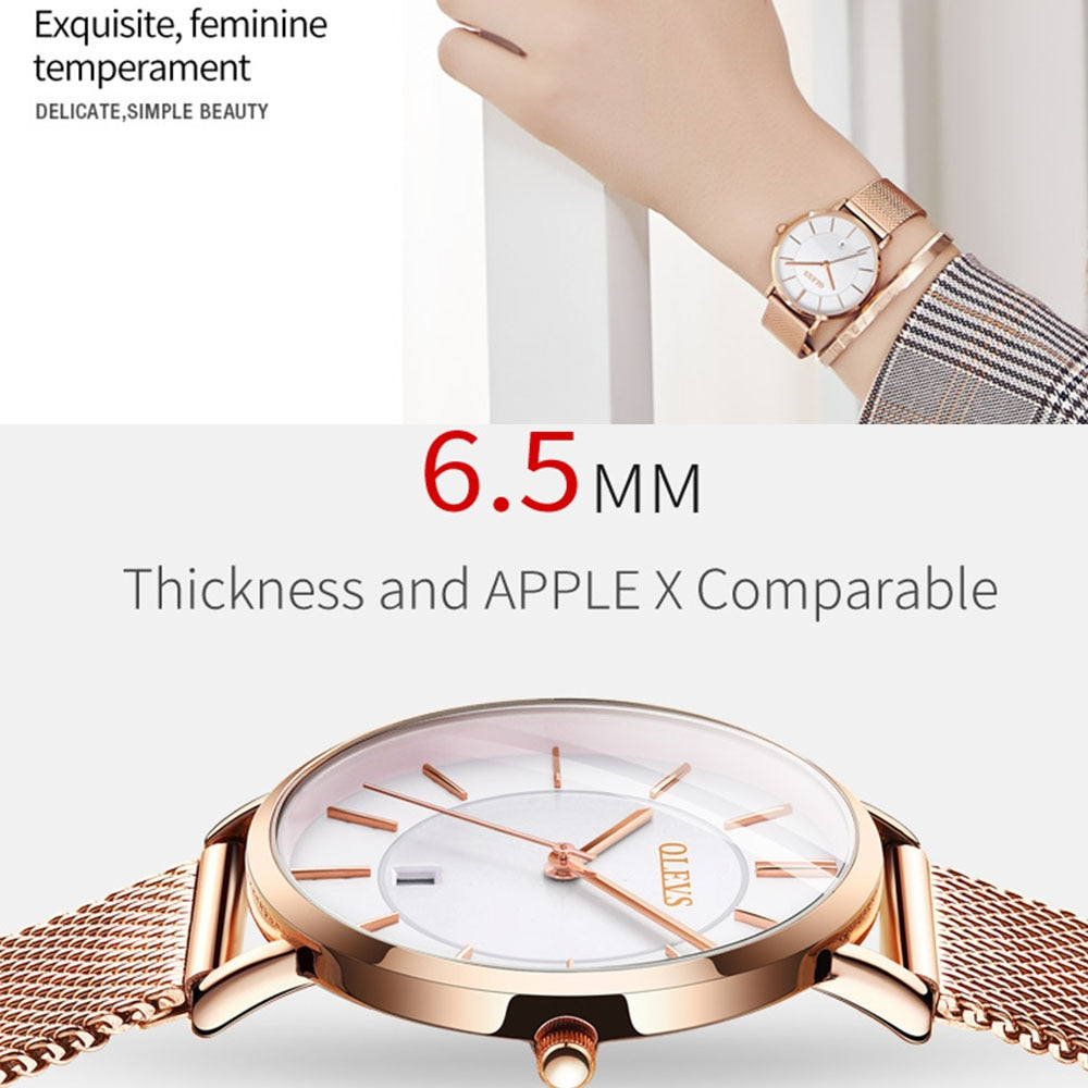 Women's Ultrathin Quartz Wristwatch with Stainless Steel Mesh Belt - suniah