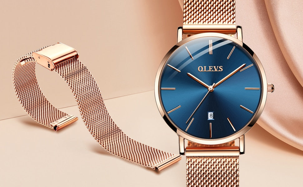 Women's Ultrathin Quartz Wristwatch with Stainless Steel Mesh Belt - suniah