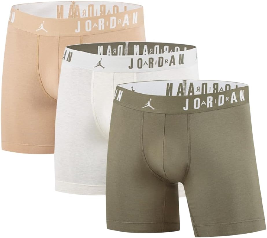 Nike Jordan JHM Flight Cotton Stretch 3-Pack Boxer Brief Underwear, Medium Olive Green/Tan/Cream, JM0622-E6F