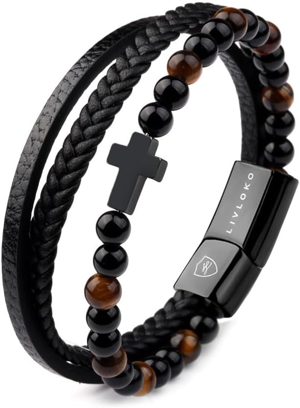 LONDON Mens Bracelet Leather Black Multi-Layer Stone Beads Magnetic Adjutable Steel Clasp Viking Rope Bands Surfer Man Wristband Male UK Jewellery Gift box Boyfriend Dad Son Brother Tiger Eye