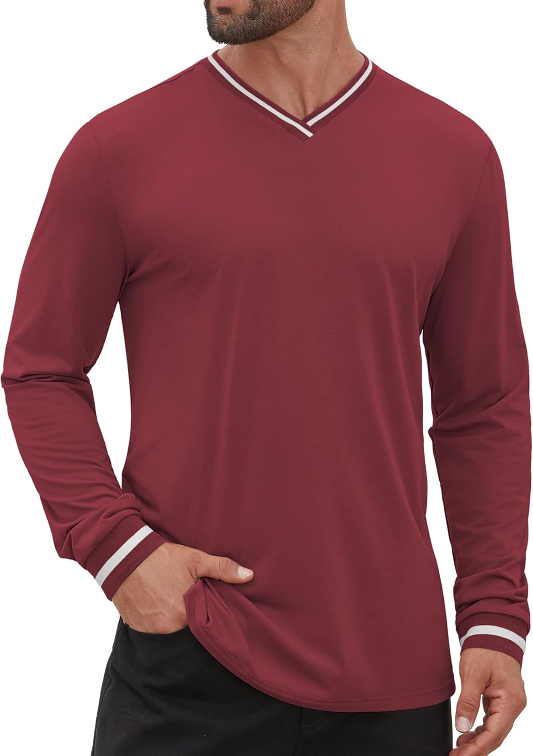 Hardaddy Mens Long Sleeve Tee Shirts Ribbed V Neck T Shirts Men Tshirt Color Block Pullover Tops