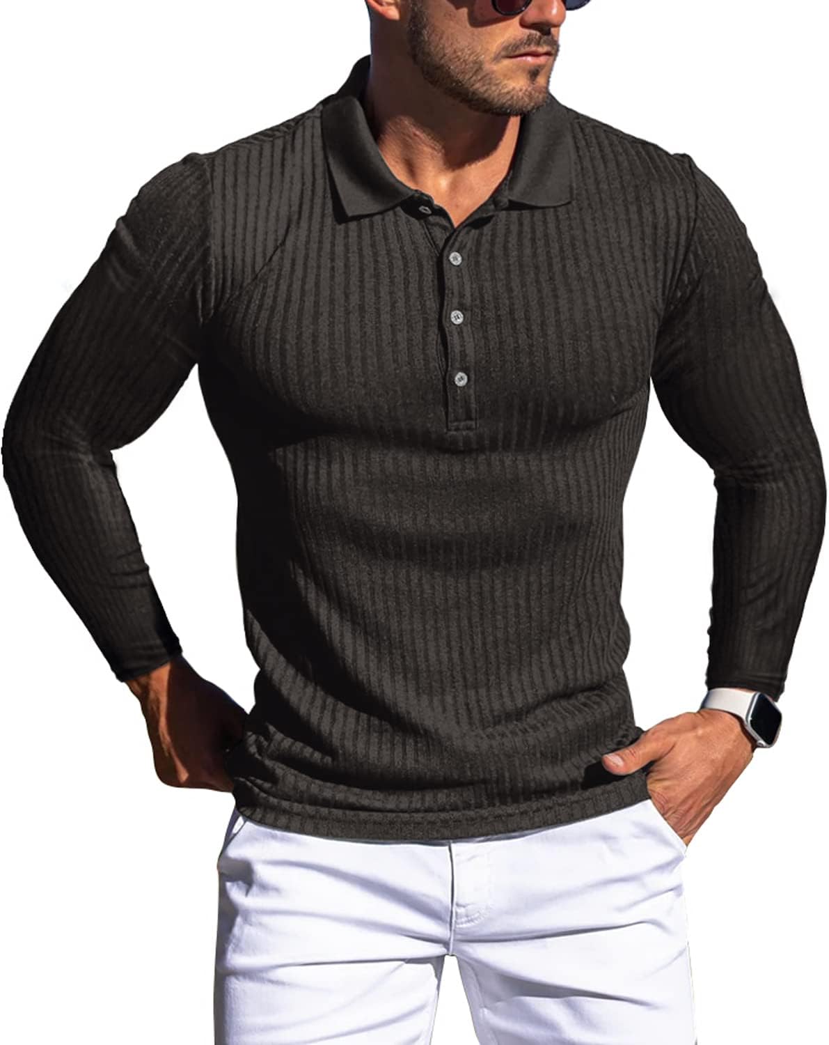 Collared Muscle Polo Shirts Men Slim Fit Textured Knit Polo Shirts