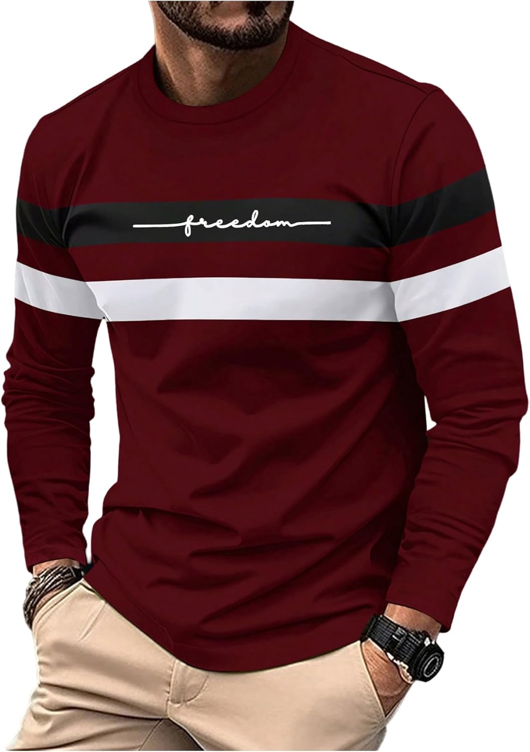 Men's Letter Graphic Long Sleeve Shirts Slim Fit Round Neck Casual Tee Tops Streetwear