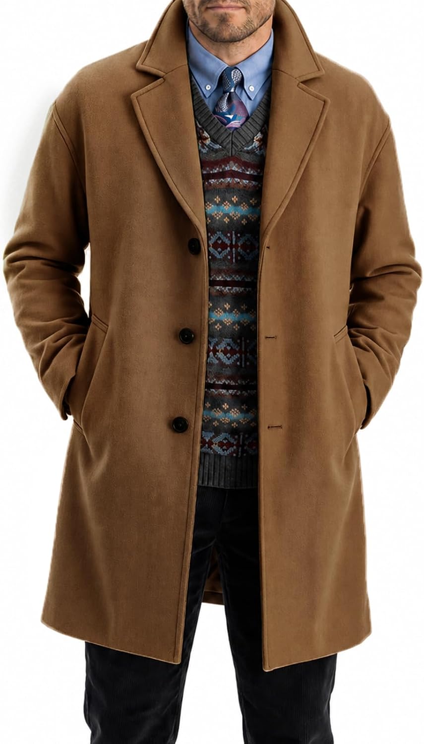 Runcati Mens Pea Coat Single Breasted Notched Collar Slim Fit Trench Coat