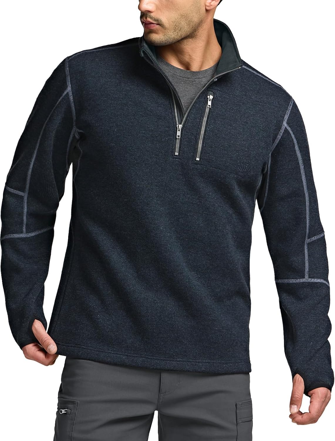 CQR Men's Quarter Zip Utility Fleece Pullover, Outdoor Casual Thermal Sweater, Chest Zipper Pocket, Mock Neck Long Sleeve