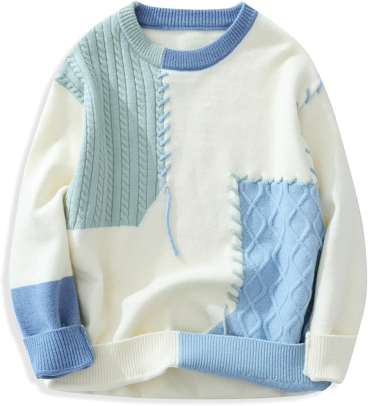 GURUNVANI Mens Color Block Patchwork Sweater Oversized Cable Knit Pullover