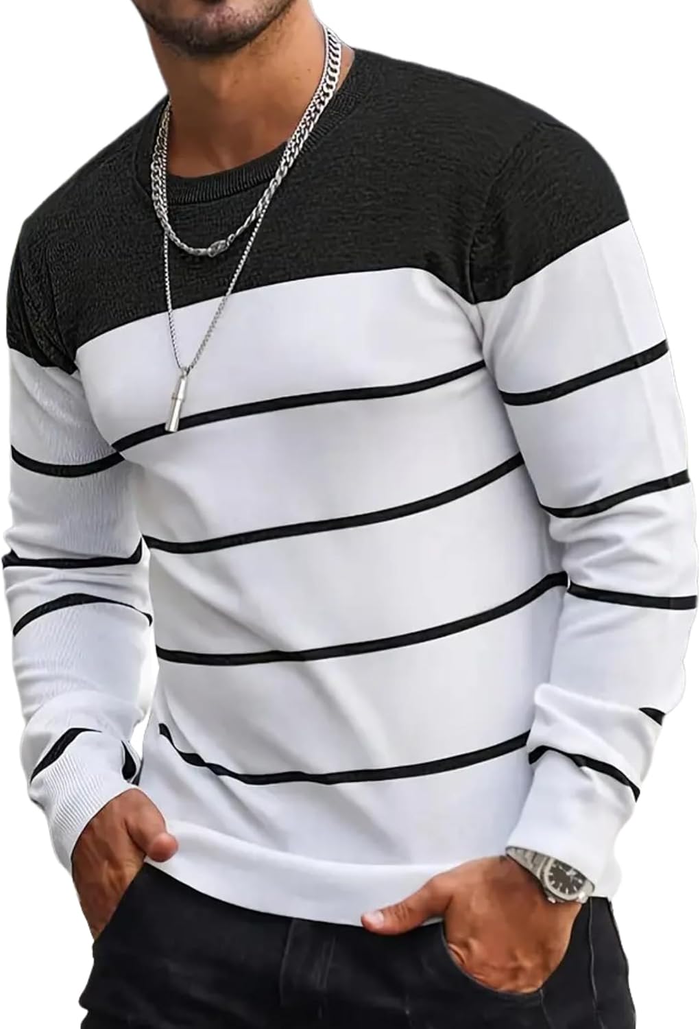 ZAFUL Men's Striped Pullover Sweater Contrast Crewneck Knitted Pullover