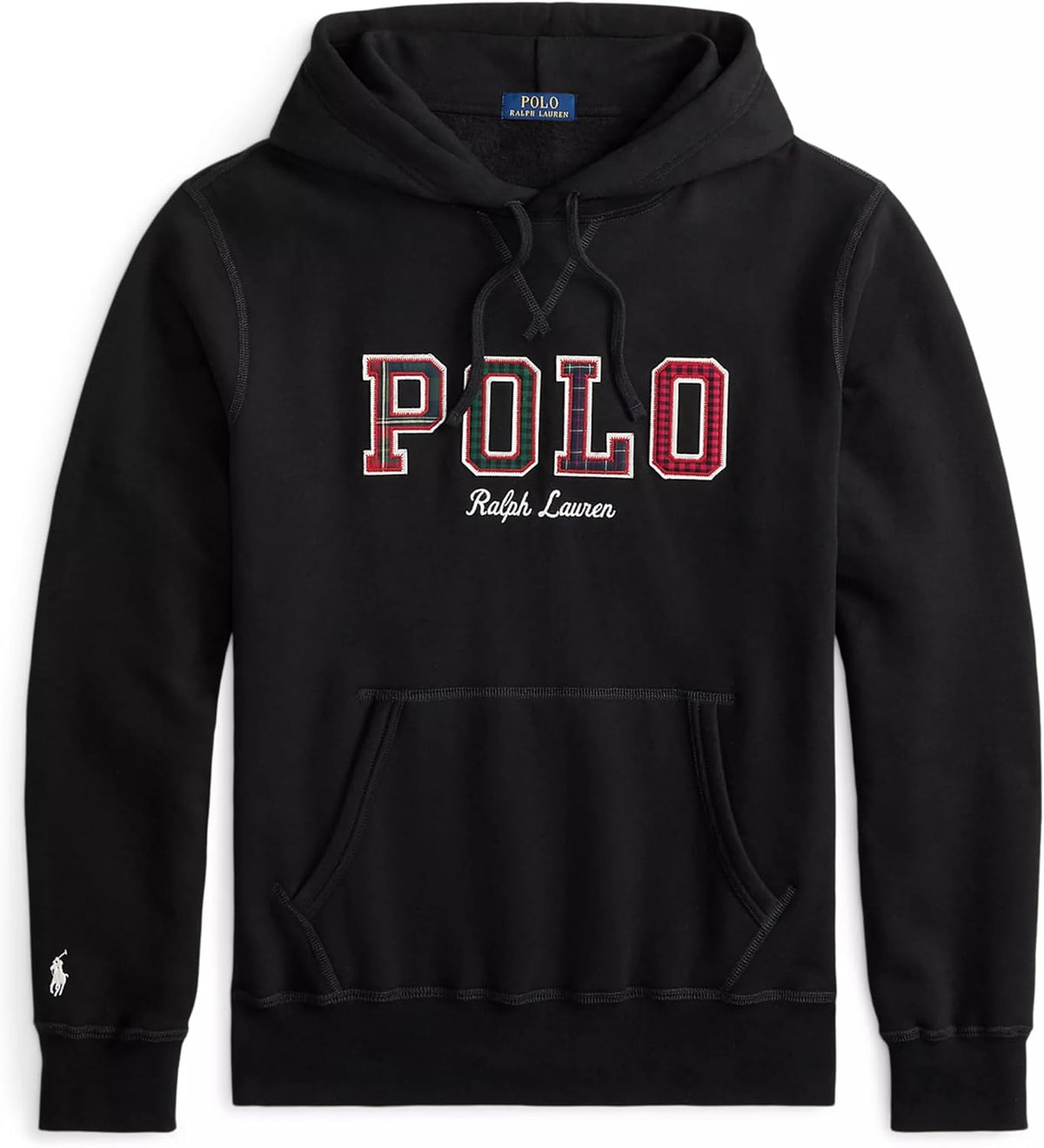 POLO RALPH LAUREN Hoodie Mens Big & Tall Graphic Black Hooded Sweatshirt with Logo Patchwork Embroidery (US, Alpha, X-Large, Regular, Tall)