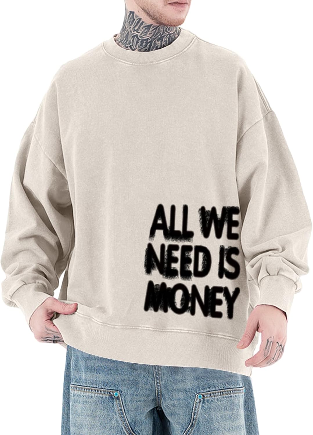 Mens Graphic Sweatshirt Streetwear Baggy Crewneck Hoodie Y2k Grunge Hip Hop Pullover Vintage Acid Wash Sweatshirt