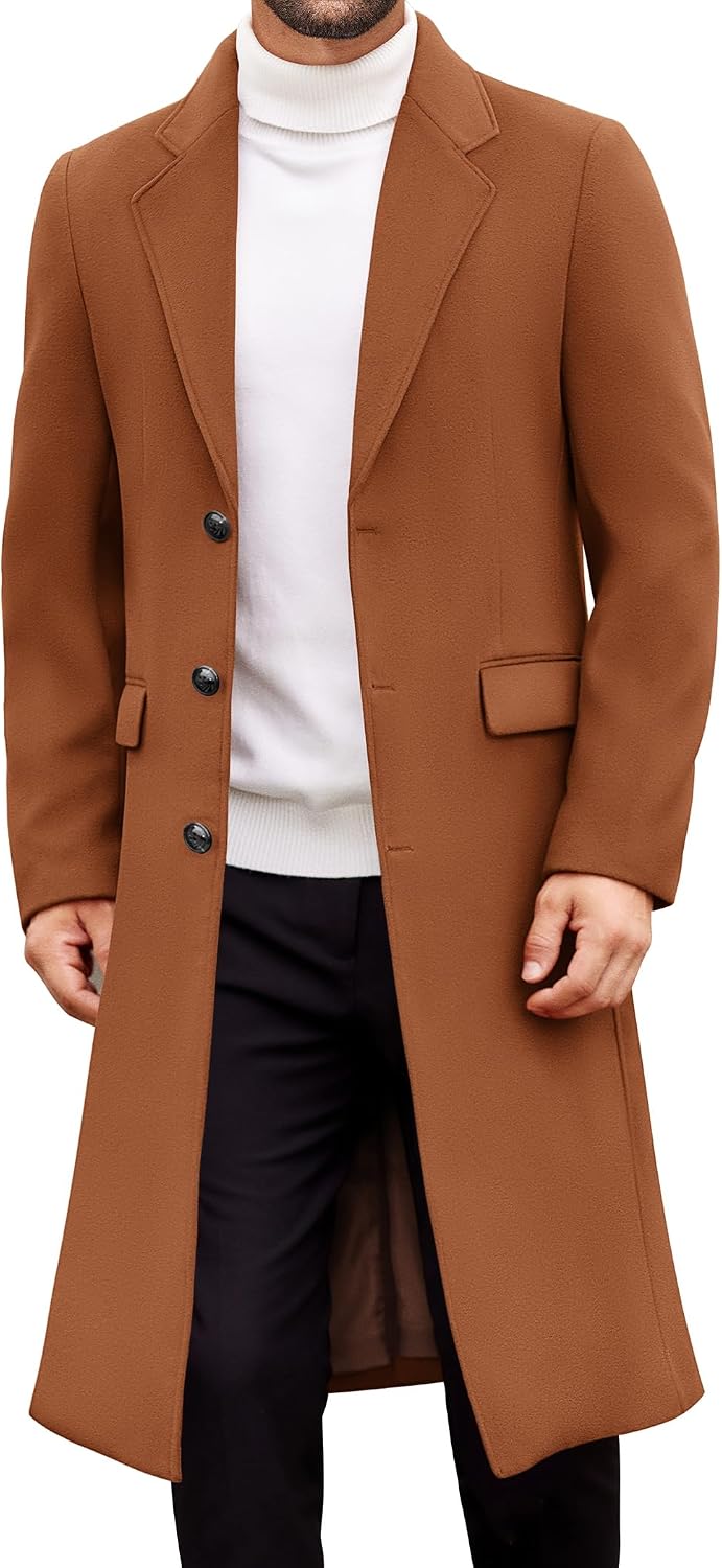 COOFANDY Men Trench Coat Long Casual Single Brested Overcoat Notched Collar