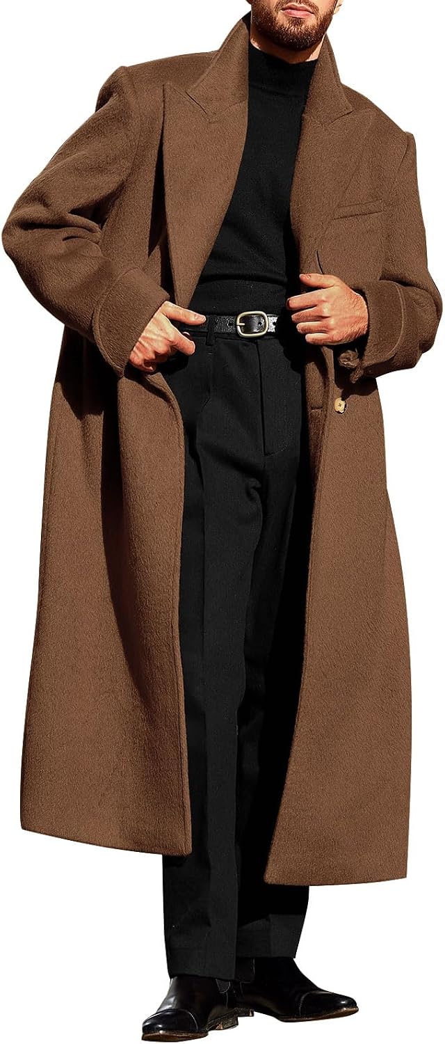 Runcati Mens Wool Blend Pea Coat Notched Collar Double Breasted Long Jacket Trench Coats Classic Winter Overcoat