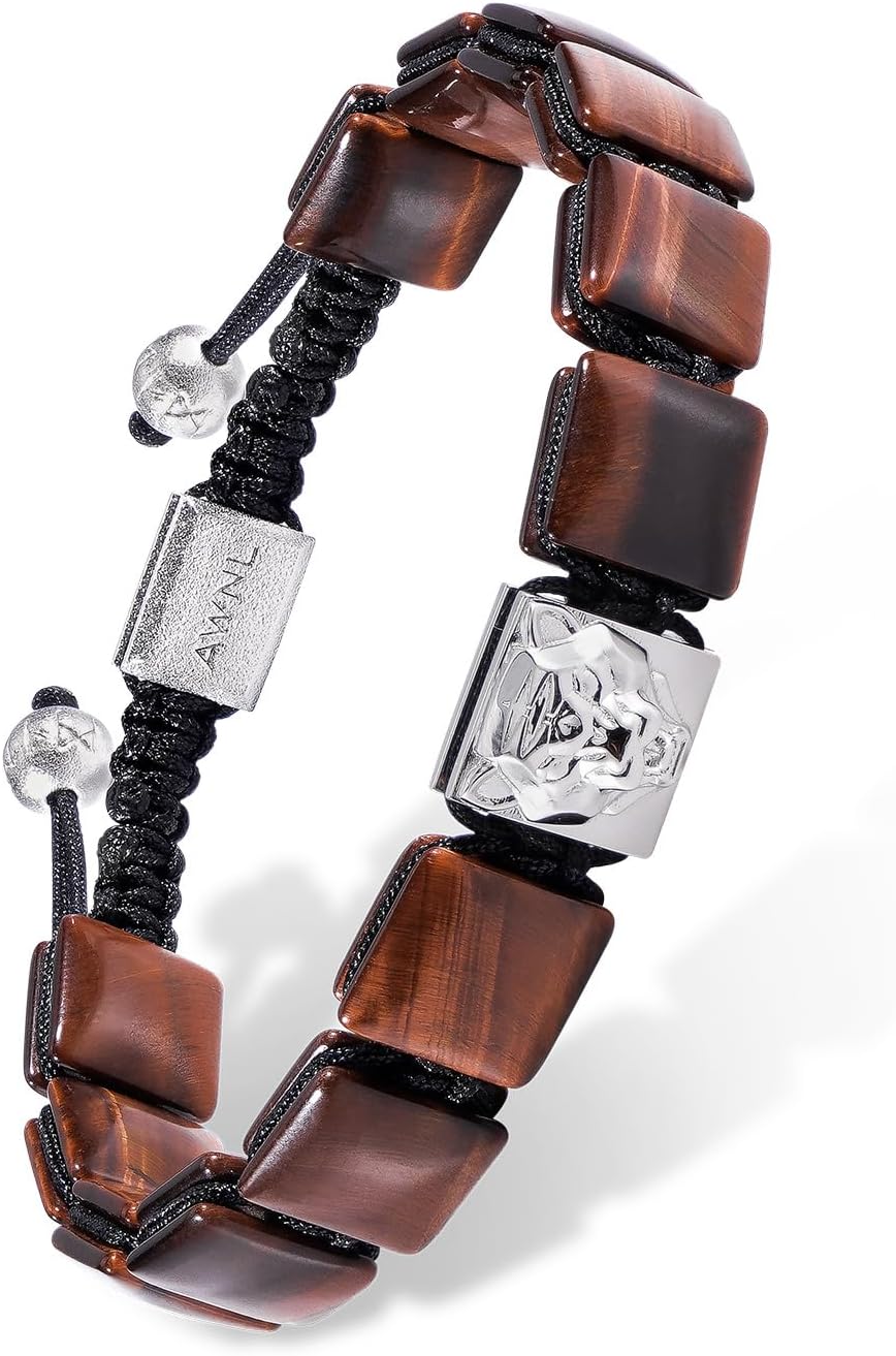 AWNL Men's Flatbead Bracelet with Sterling Silver Centre Charm Braided Bracelet Natural Gemstones Gift for Men (9.5mm Stone), 5.7"-7.5"