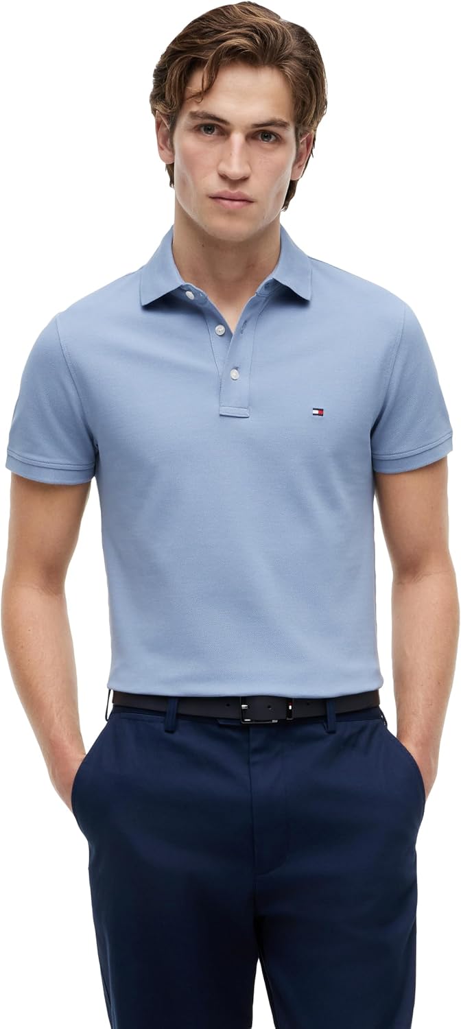 Tommy Hilfiger Men's Short Sleeve Polo Shirts in Slim Fit with Stretch and Organic Pique Cotton