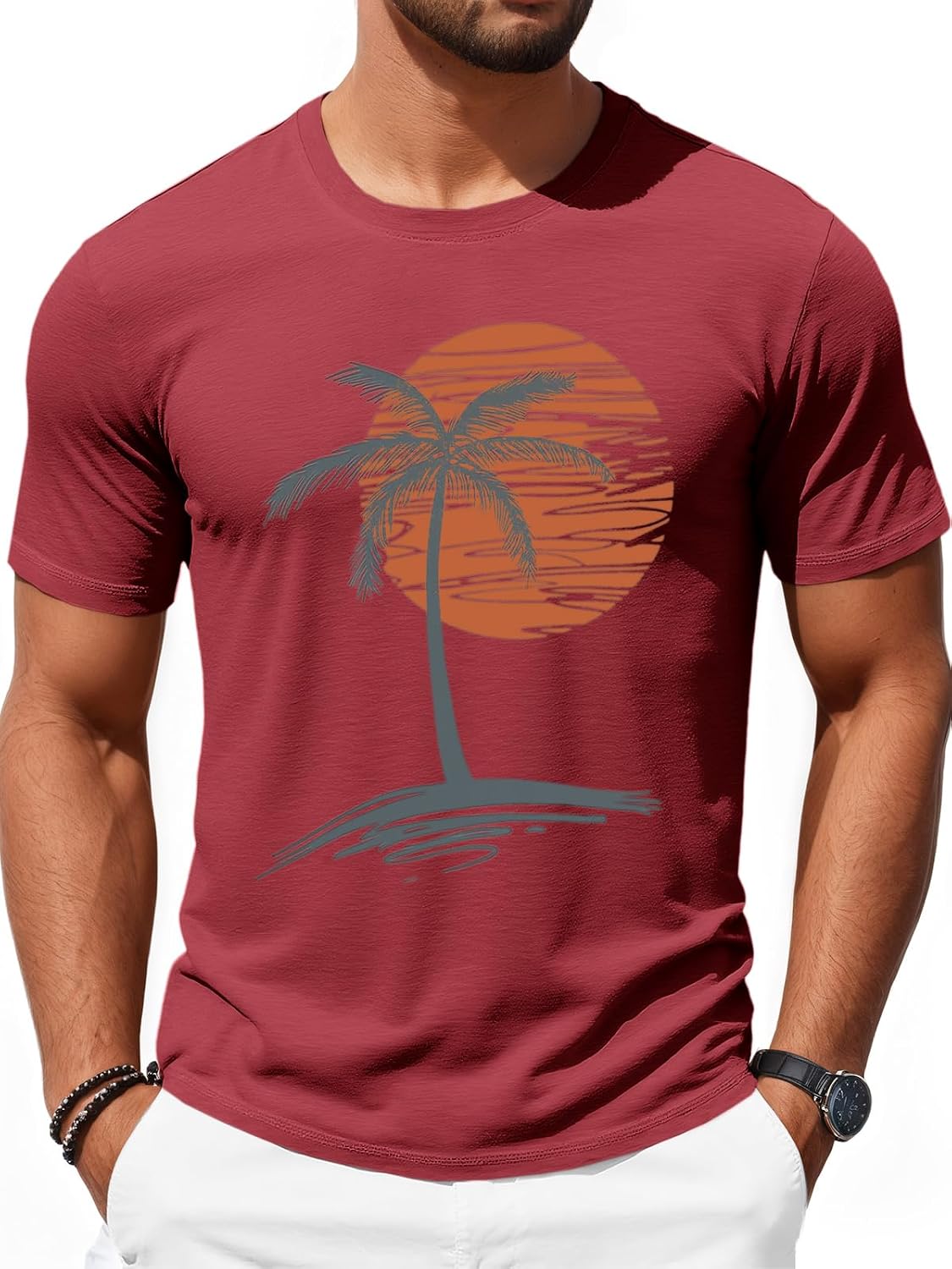 Runcati Mens Short Sleeve T-Shirts Graphic Crew Neck Casual Shirt Summer Beach Palm Tree Printed Vintage Hawaiian Tees