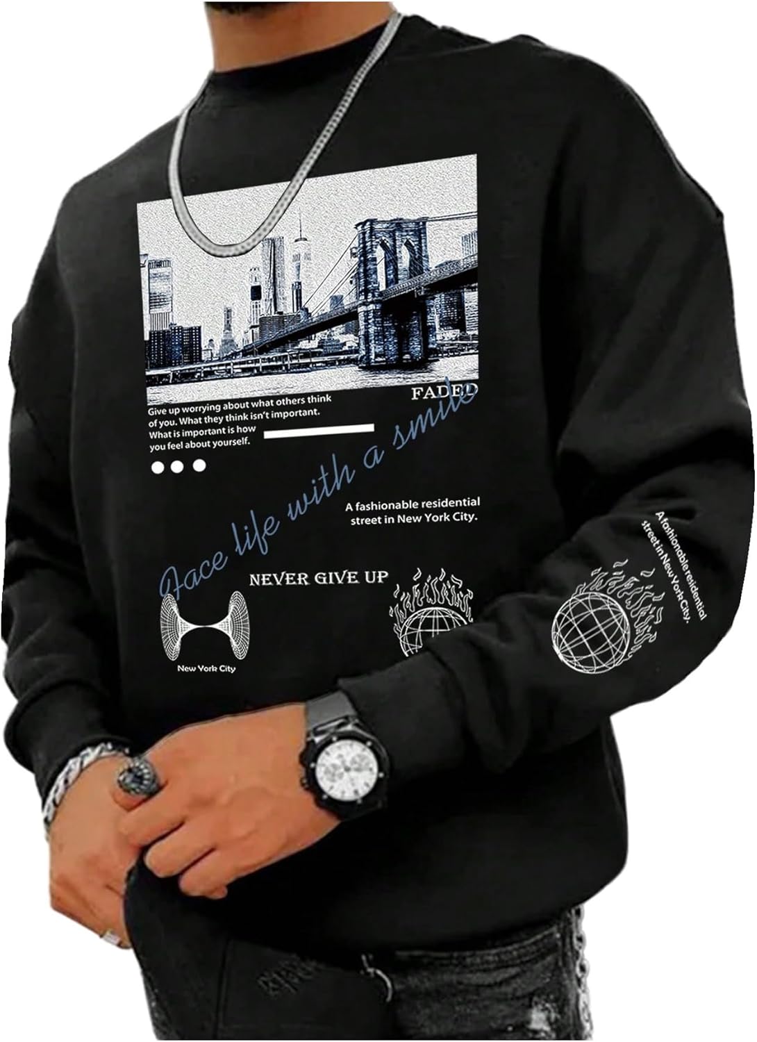 SOLY HUX Sweatshirts for Men Letter Graphic Crew Neck Long Sleeve Drop Shoulder Pullover Top