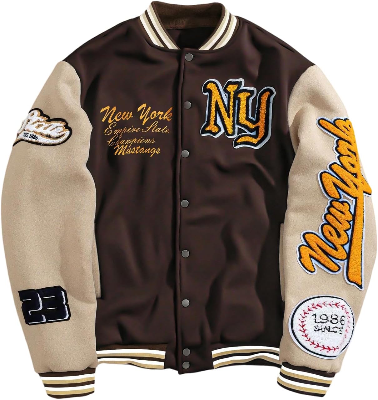 SOLY HUX Men's Letter Graphic Varsity Jacket Long Sleeve Button Up Patched Baseball Jacket Streetwear