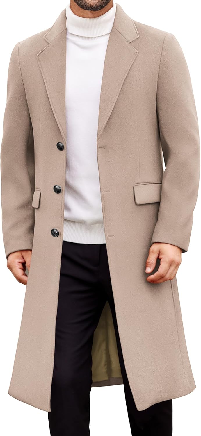 COOFANDY Mens Trench Coat Long Casual Single Brested Overcoat Winter Notched Collar Wool Blend Pea coat With Pockets