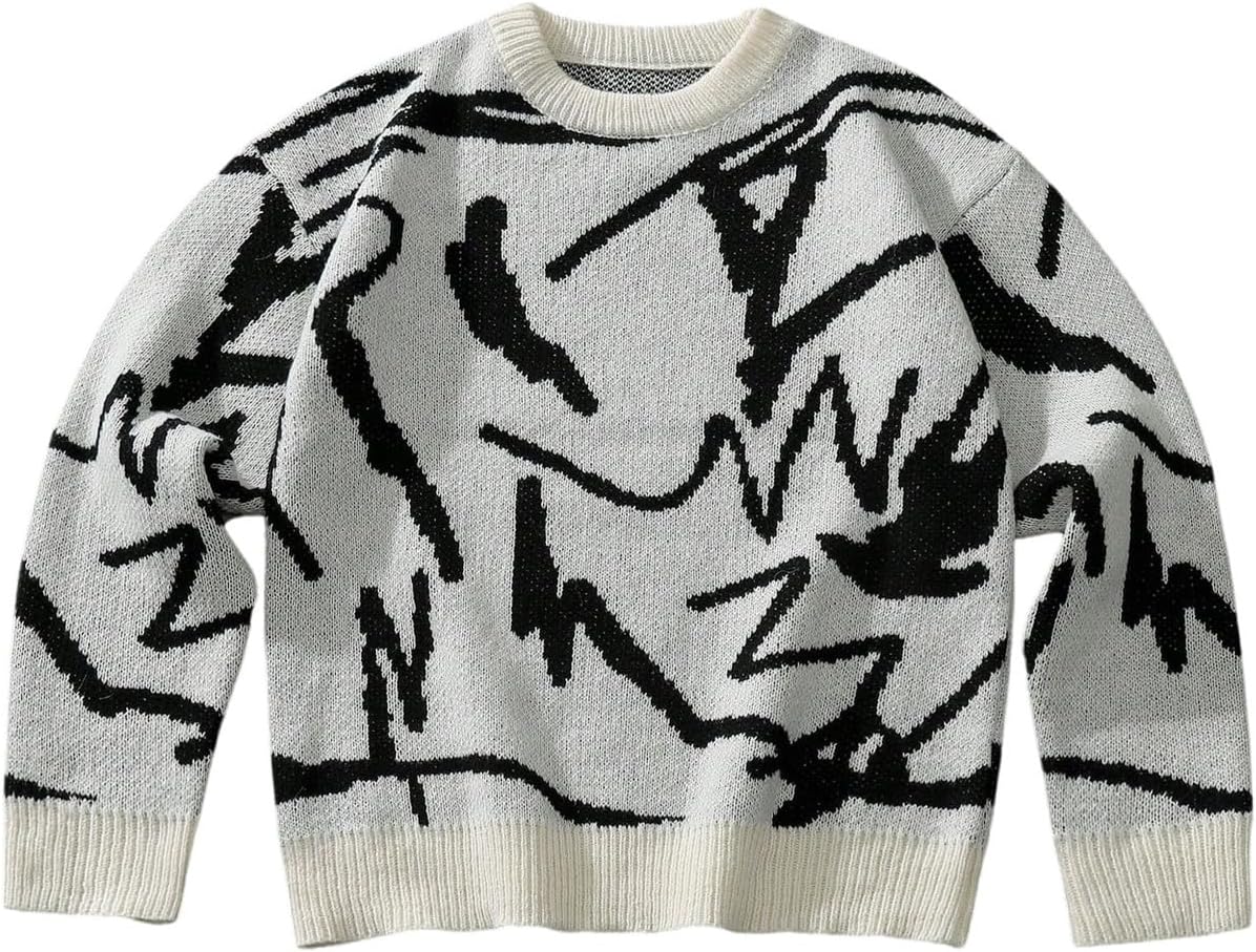 WDIRARA Men's Graphic Sweater Crew Neck Long Sleeve Streetwear Knit Tops