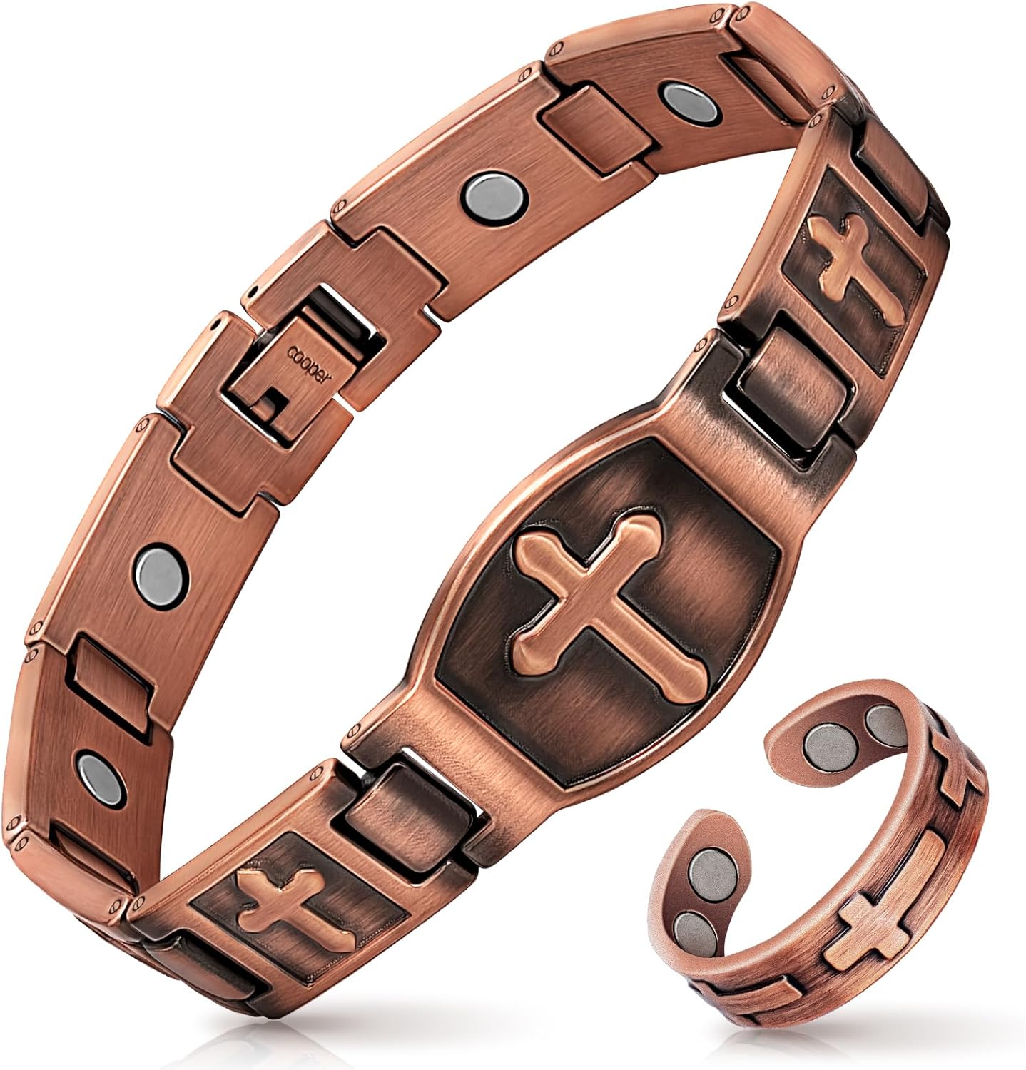 Mahnco Copper Bracelet for Men with Triple-Row Strong Magnets Magnetic Bracelets & Lymphatic Drainage Ring Set with Adjustable Sizing Tool, Magnetic Jewelry Gift (Black)