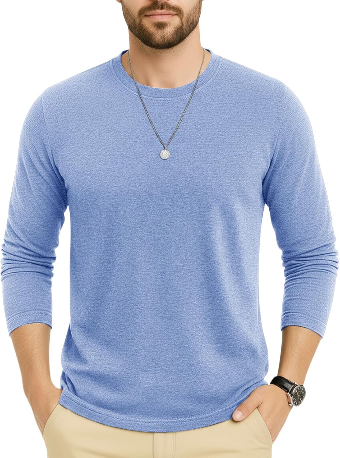 MAGNIVIT Long Sleeve Shirts for Men Crew Neck Cotton Shirt Heather Lightweight Breathable Shirt