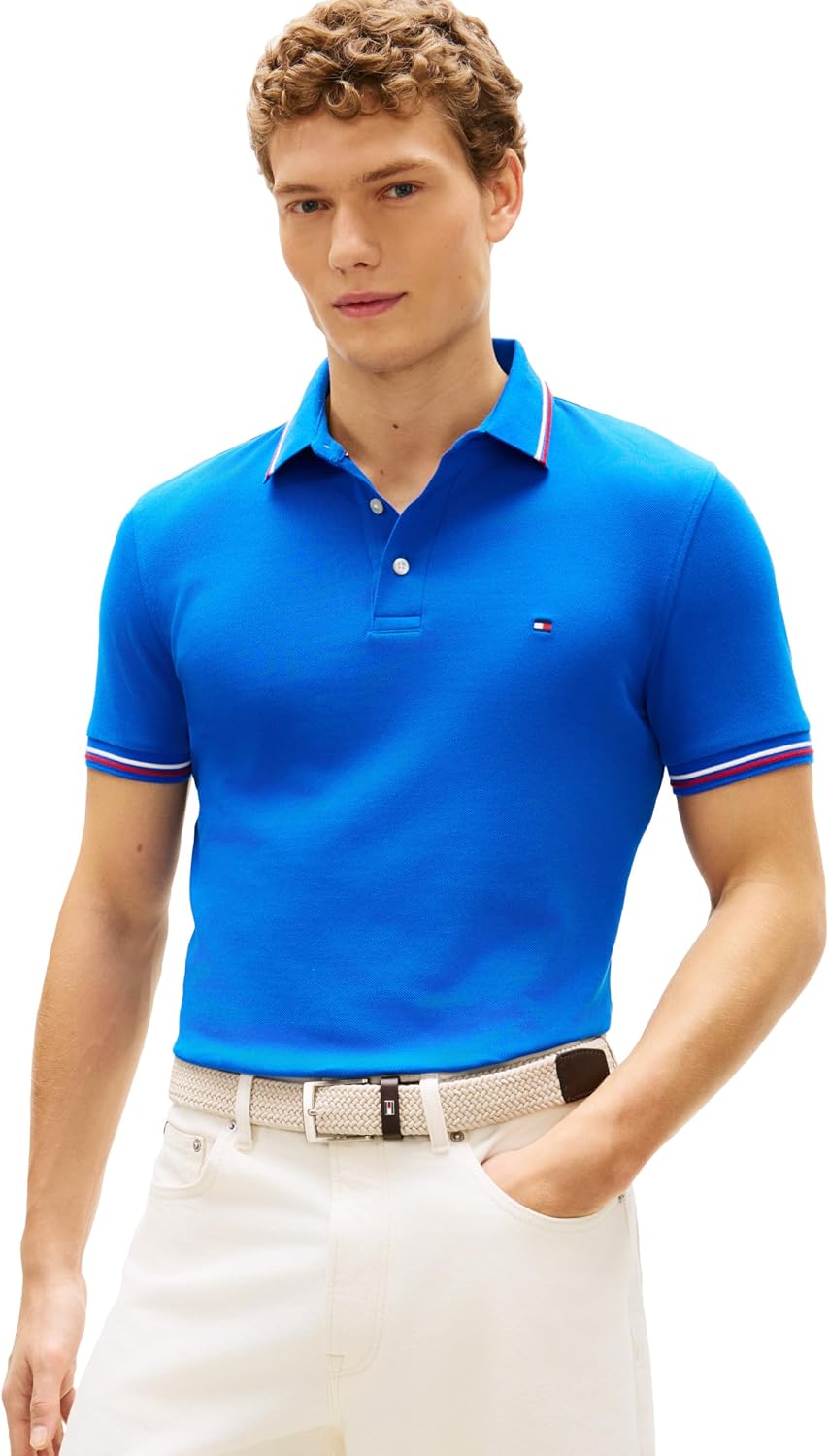Tommy Hilfiger Men's Short Sleeve Casual Polo Shirts in Slim Fit with Stretch and Cuff Designs