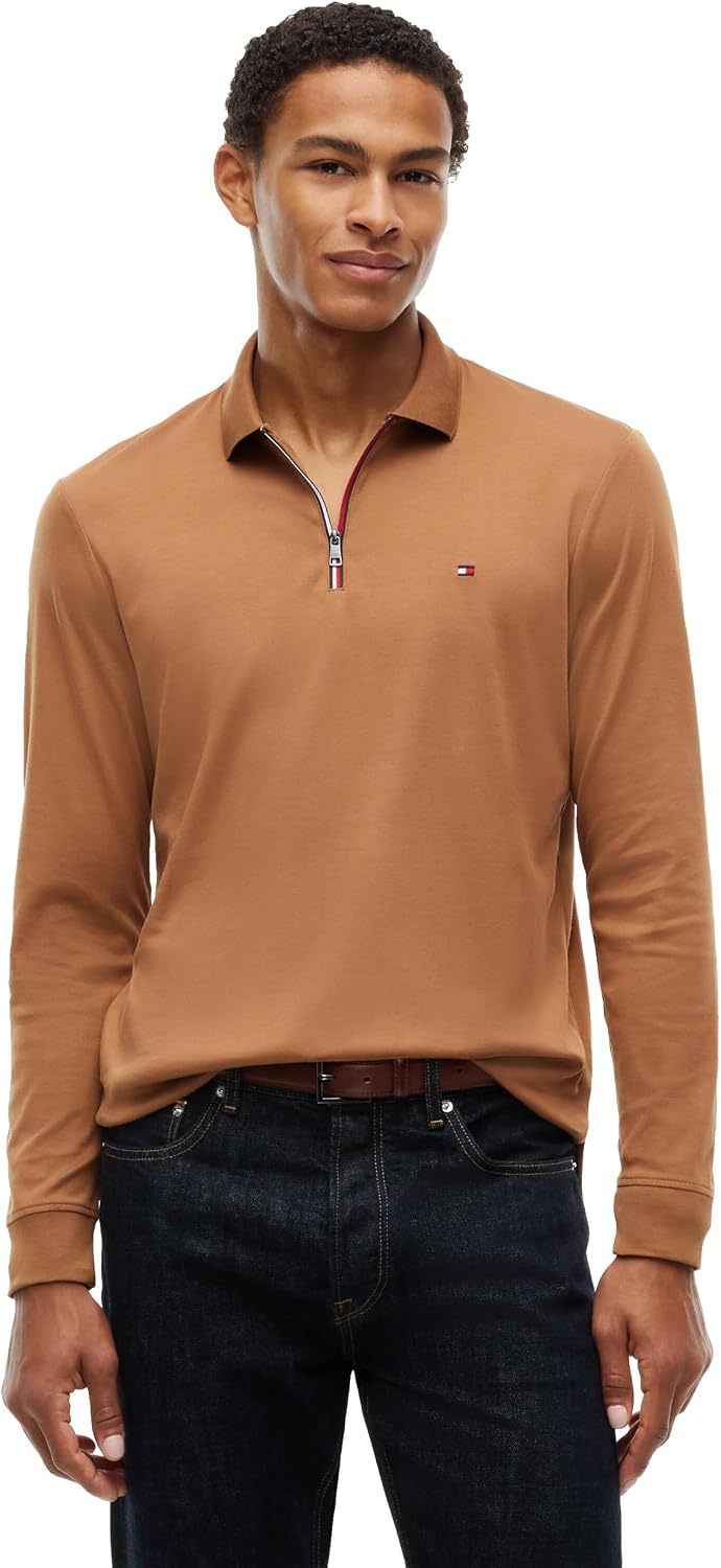 Tommy Hilfiger Men's Long Sleeve Zip Polo Shirts in Regular Fit with Liquid Cotton