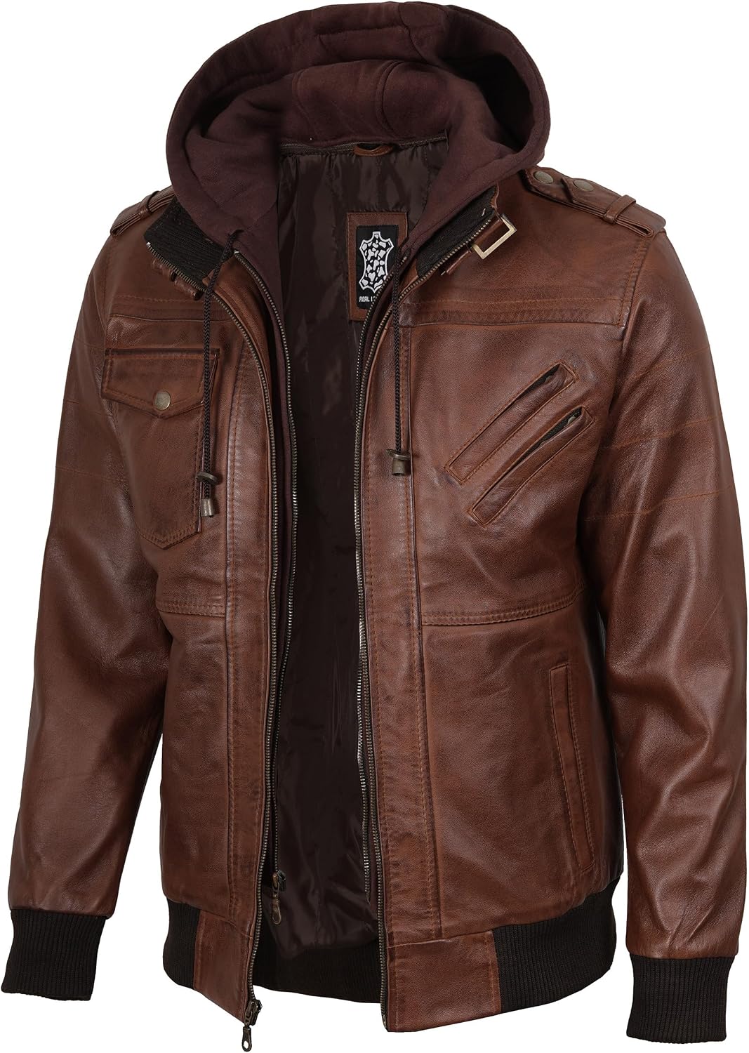 Decrum Detachable Hood Real Lambskin Leather Bomber Jacket Men