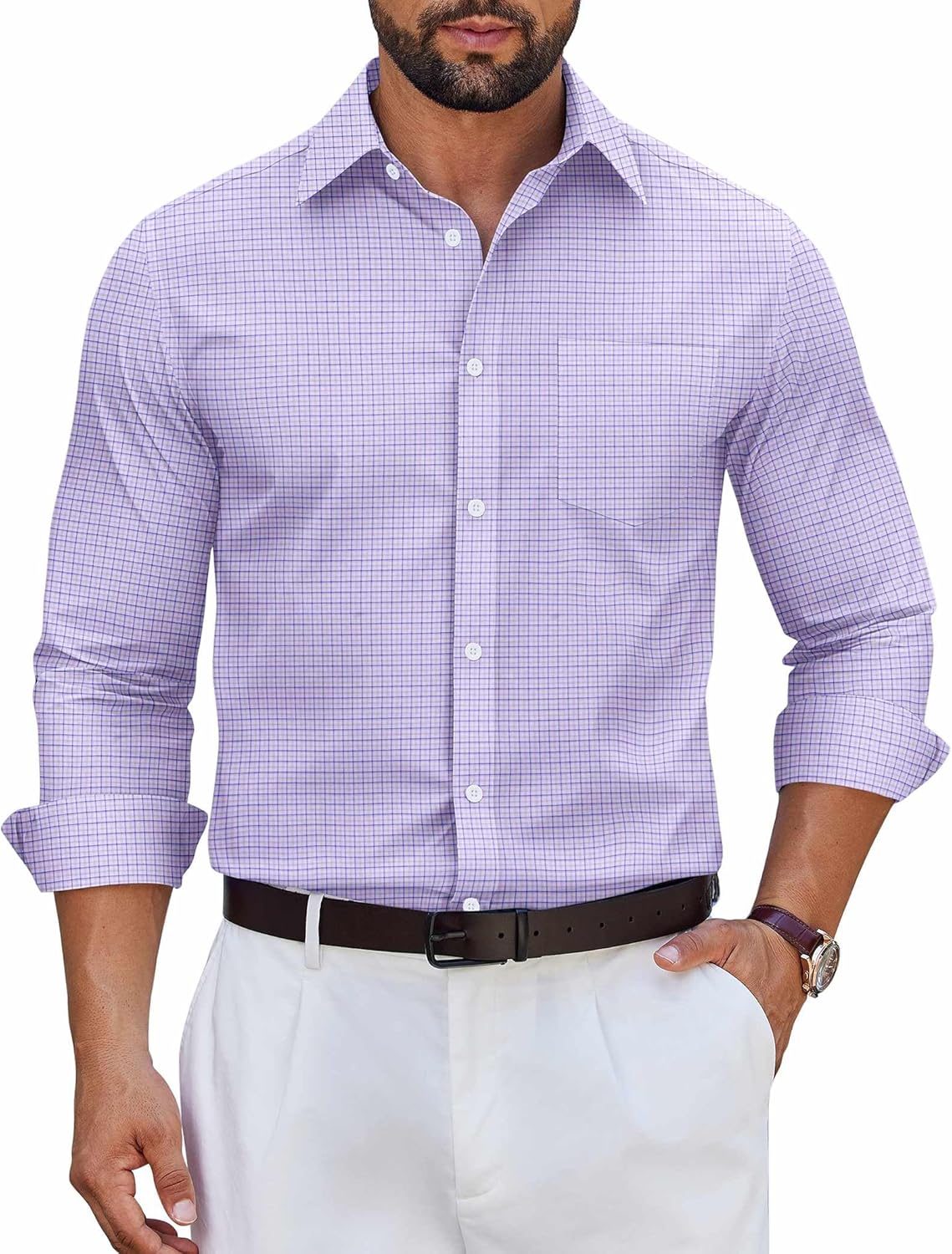 COOFANDY Men's Long Sleeve Plaid Button Down Cotton Wrinkle Free Dress Shirt