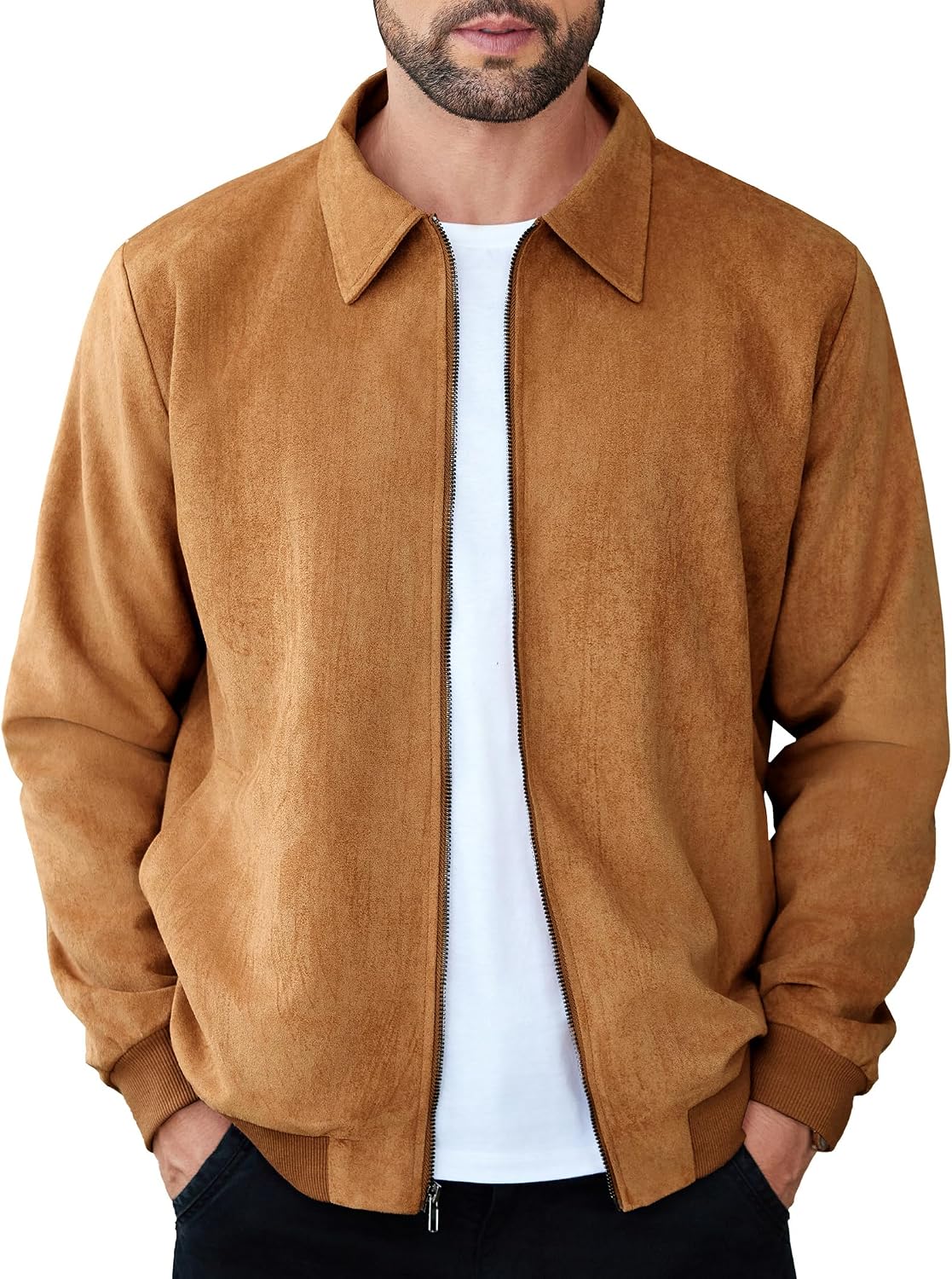 COOFANDY Mens Suede Jacket Casual Stylish Leather Bomber Jacket Lightweight