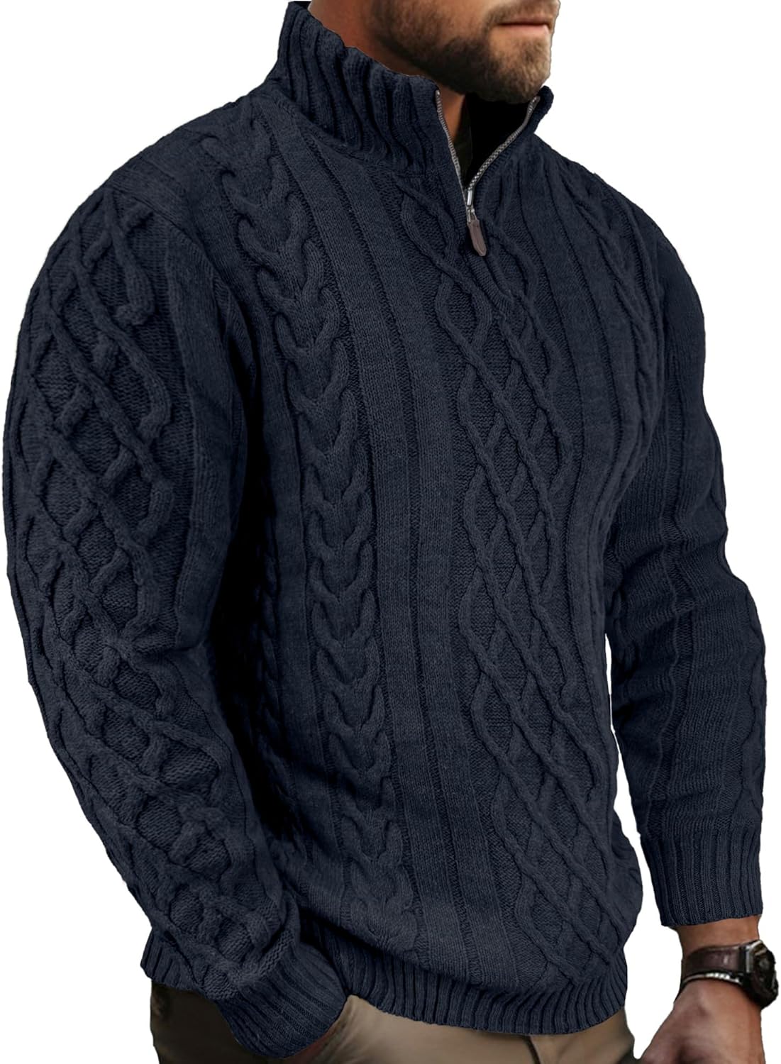 Comdecevis Mens Quarter Zip Sweater Long Sleeve Cable Knit Mock Neck Polo Soft Casual Pullover Sweaters