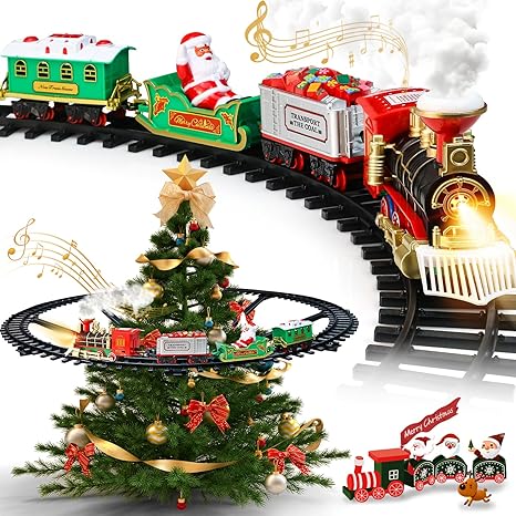 Christmas Train Set - Hanging Train Toys Around Under The Christmas Tree w/Smoke, Whistle (Turn on/Off) & Lights, Toys Decoration for 3 4 5 6 7 8+ Boys Girls