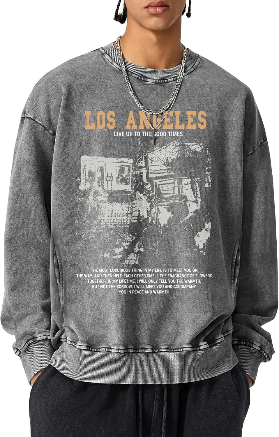 Mens Oversized Crewneck Sweatshirt Vintage Los Angeles Graphic Washed Sweatshirts with Pockets Streetwear Pullover