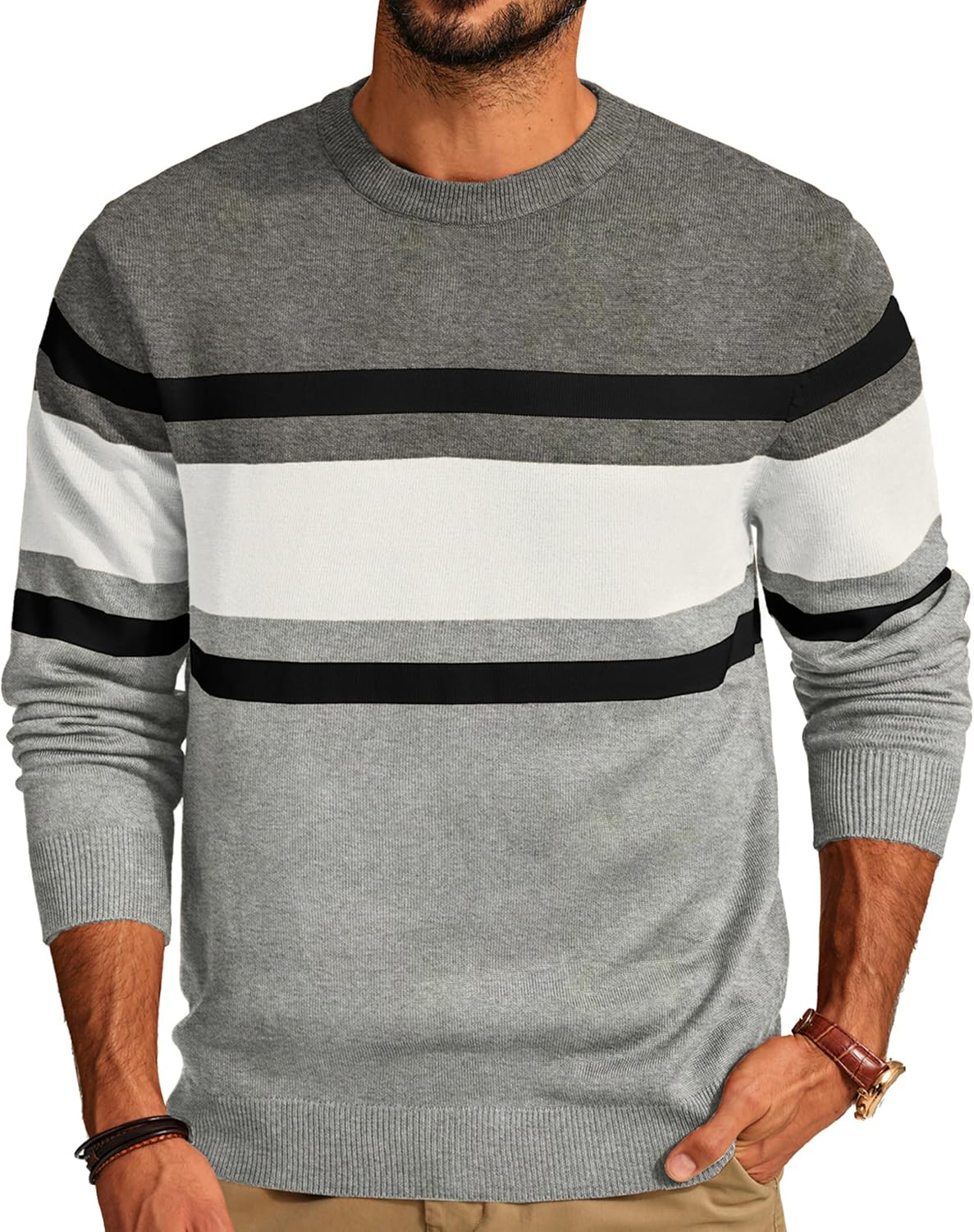 PJ PAUL JONES Mens Pullover Sweaters Striped Crewneck Sweater