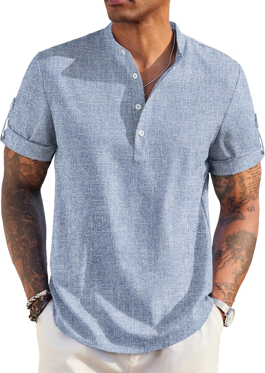 COOFANDY Men's Casual Henley Shirt Short Sleeve Band Collar Linen Shirt