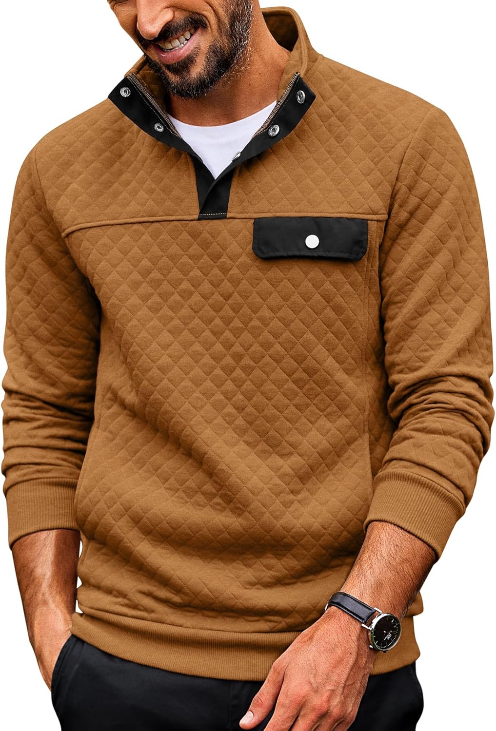 COOFANDY Quilted Sweatshirts for Men Quarter Button Pullover Sweatshirt Stand Collar Outdoor Polo with Pockets
