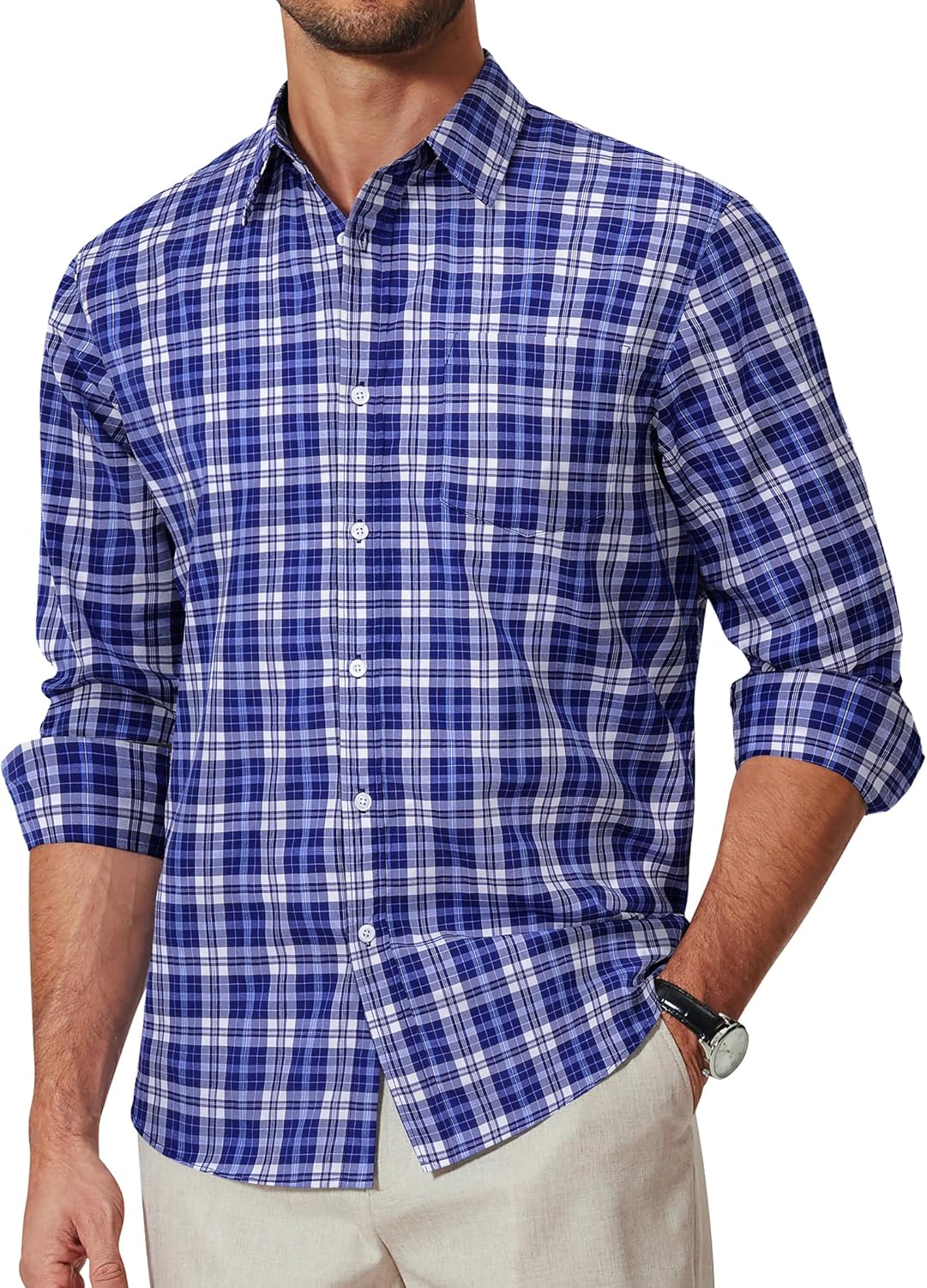 COOFANDY Men's Plaid Button Down Shirt Cotton Long Sleeves Dress Shirt Wrinkle Free Casual Gingham Shirt