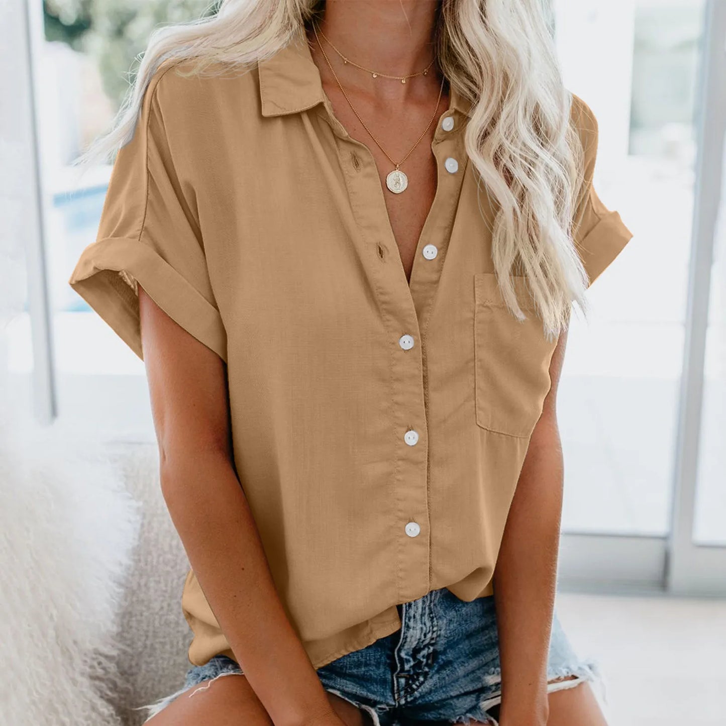 Leisure Solid Shirts Button Lapel Cotton Linen Top Lady Short Sleeve Oversize Shirt 2023 Summer Casual Bohemia Women Blouses