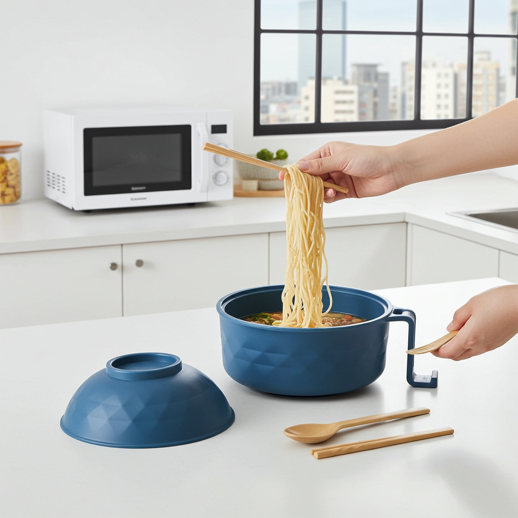 RamenSwift - 1 Set Microwave Ramen Cooker 33oz Wheat Straw Microwave Noodle Bowl Set with Chopsticks, Spoon, Fork, College Dorm Office Apartment Essentials (Light Blue)